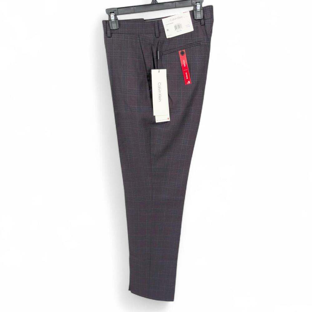 Calvin Klein Mens X Slim-Fit Stretch Suit Dress Pants Navy Burgundy Plaid 33x32 - Picture 4 of 7